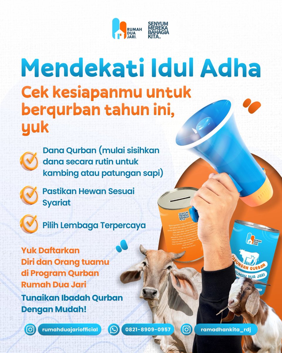 Mendekati Idul Adha yuk sisihkan uangmu untuk Ibadah😍

Daftarkan dirimu dan orang tuamu di Program Qurban Rumah Dua Jari aja✨

Tunaikan ibadah qurban dengan mudah dan penuh berkah🥰

#rumahduajari #senyummerekabahagiakita #sharingiscaring #QurbanBersamaRumahDuaJari #qurban