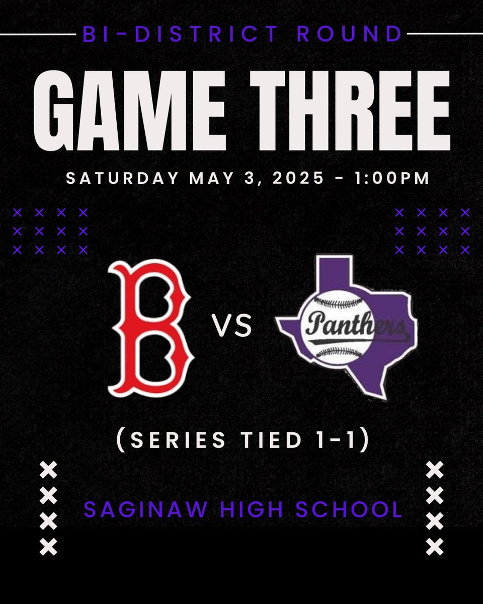 GAME DAY!

5A D1 UIL TEXAS HS PLAYOFFS
Round 1 (bi-district: game 3)

🆚 BURLESON ELKS
📍 Saginaw HS
⌚️ 1:00pm
📊 GameChanger (Paschal Varsity Panthers)
📺 LIVE stream on GameChanger

🎟️ saginawathletics.com/HTtickets (must purchase online)

Panthers look to win and advance today!!