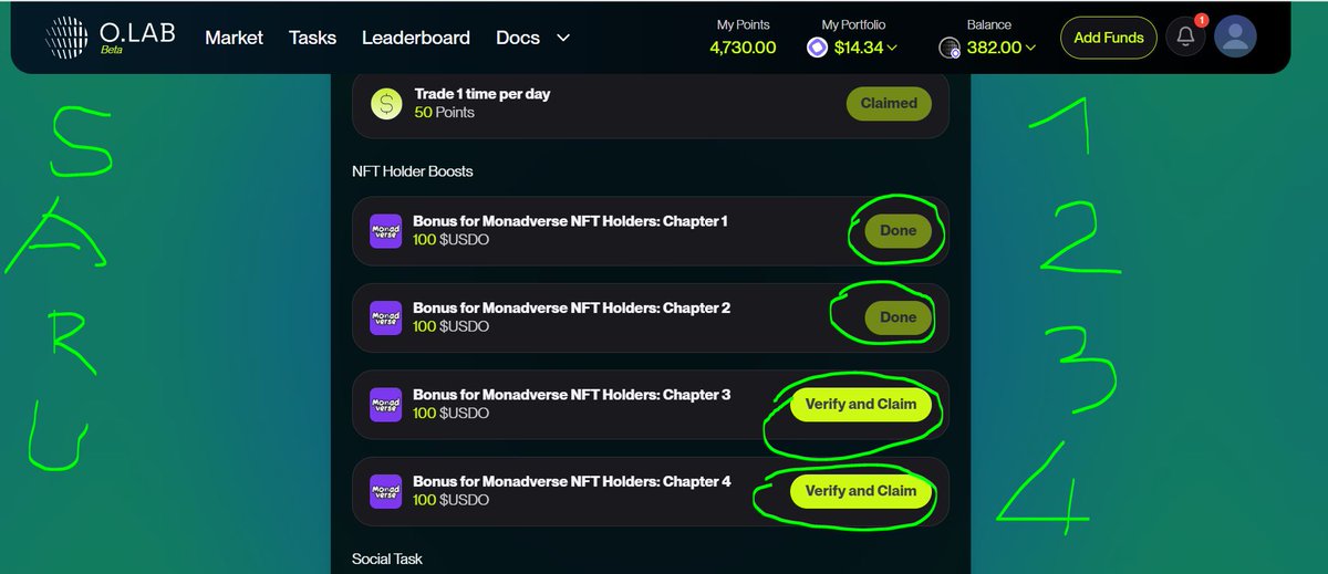 O.LAB đã mở cho claim  Monadverse NFT Holders: Chapter 1~4

Bác nào có mua NFT tuần 1~4 thì vào claim.

Dapp O.LAB là 1 trong 10 dapp đc #Monad nhắc đến. 
Nên làm nha các bác!
🔰🔰🔰
app.olab.xyz/taskCenter

Điền mã Saru:
SxIehcsW

Tip:
Bấm tài xỉu đại 1 con, bet 2$ là