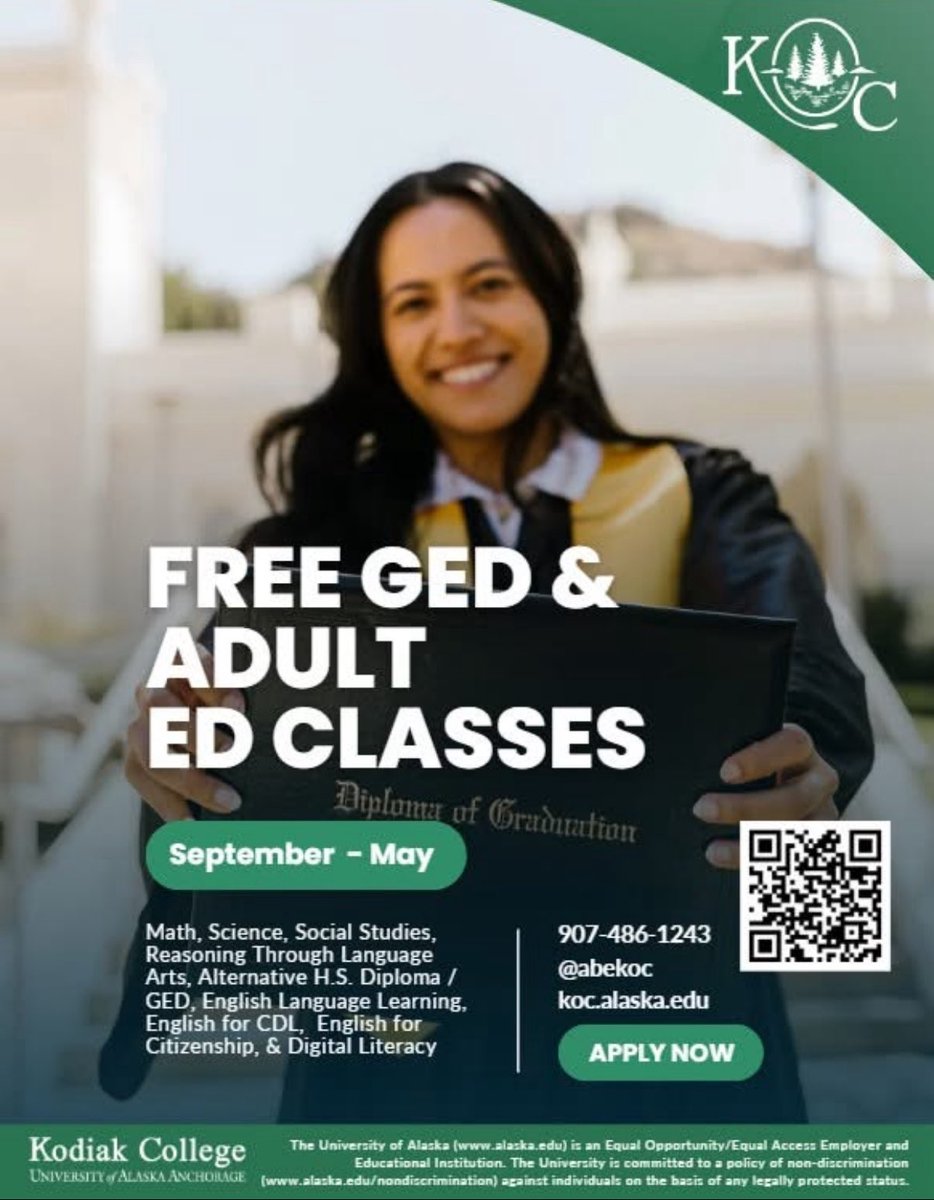 📎 We can help you on your Alternative High School diploma / GED journey. 
🎯Message us here or on FB or Instagram <a href="/abekoc/">Adult Education KoC</a> or call 907-486-1243, or or fill in our online form: tinyurl.com/KodiakAdultEd
