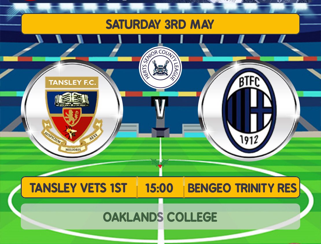 Bengeo Trinity FC (@bengeotrinityfc) on Twitter photo Reserves Matchday!
โฝ๏ธ Herts Senior County League, Div 6
๐ <a href="/TansleyVets/">Tansley Vets Football Club</a> 1st (A)
๐ 3pm KO
๐Oaklands College Smallford, Hatfield Road, Oaklands, St Albans, AL4 OJA
Come over and support the lads! Reserves Matchday!
โฝ๏ธ Herts Senior County League, Div 6
๐ <a href="/TansleyVets/">Tansley Vets Football Club</a> 1st (A)
๐ 3pm KO
๐Oaklands College Smallford, Hatfield Road, Oaklands, St Albans, AL4 OJA
Come over and support the lads!