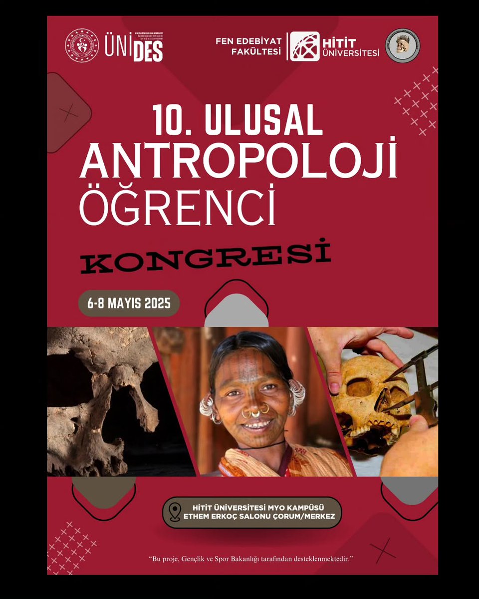 10. Ulusal Antropoloji Öğrencileri Kongresi 6-8 Mayıs 2025 tarihleri arasında Hitit Üniversitesi Antropoloji Bölümü ve #Antropoloji Kulübü tarafından gerçekleştirilecek.

🌍Yer: Hitit Üniversitesi MYO Kampüsü

🔗Kongre Programı: antropoloji.net/index.php?opti…