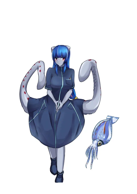 コミティアの深海生物擬人化×ナース服に載せる予定のサメハダホウズキイカの擬人化です着せている服はワンピースタイプ【ロング】のナース服#擬人化 #深海病棟 