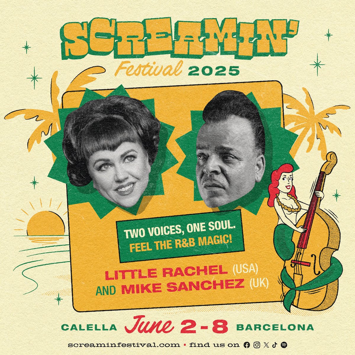 On Sunday, June 8 at 2:00 PM, we bring you an exclusive show featuring the sensational Little Rachel (USA) and the powerhouse Mike Sanchez (UK), live at the stunning new venue Club Les Palmeres in Calella! 
Tickets &amp; full festival info: screaminfestival.com
June 2–8 · Calella