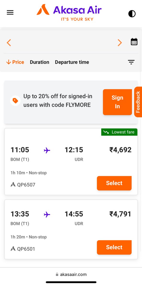 akshay_90's tweet photo. @TIAG747 @AviationAll_ There are 2 additional Akasa flights on BOM-UDR route on 6th May, 2025 as well. There are no scheduled Akasa flights from UDR airport otherwise. https://t.co/hANmZ8EsAU
