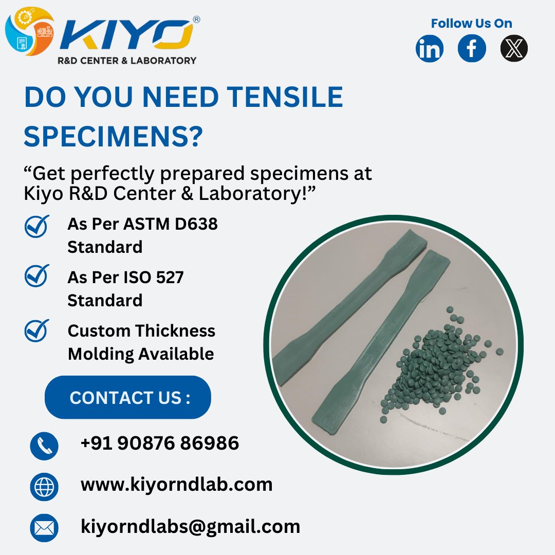 Kiyorndlab's tweet image. 🔬 Need Tensile Specimens? We&apos;ve Got You Covered!

At Kiyo R&amp;amp;D Center &amp;amp; Laboratory, we specialize in preparing perfectly molded tensile specimens tailored to your testing needs.
#TensileTesting #MaterialsTesting #PlasticsTesting #ASTMD638 #ISO527 #KiyoRandD #LabServices #