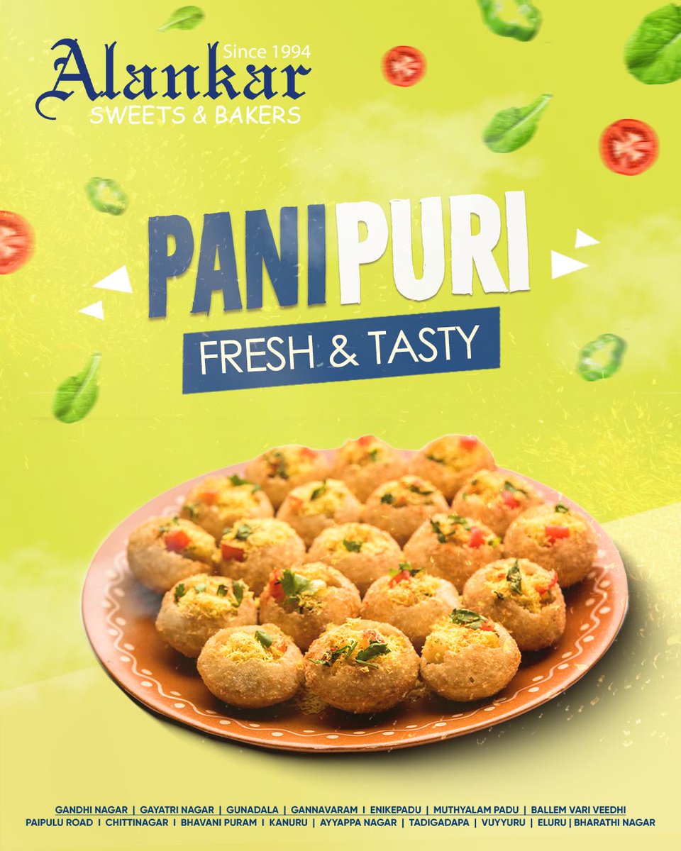 AlankarBakery's tweet image. 💦 Craving something tangy, crunchy &amp;amp; absolutely irresistible?
Alankar Sweets &amp;amp; Bakers brings you Fresh &amp;amp; Tasty Pani Puri that hits the spot every time! 

Available at all our branches – come, snack the desi way!

#PaniPuri #AlankarSweets #StreetFood #Vijayawada #AlankarBakers