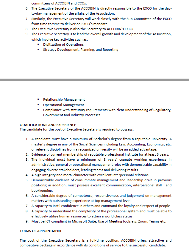 ACCOBIN, the most dynamic compliance association on the continent, is seeking a highly organized and proactive secretary. The association awaits eligible candidate CVs to exec.sec@accobin.org.ng  before or on May 15, 2025.