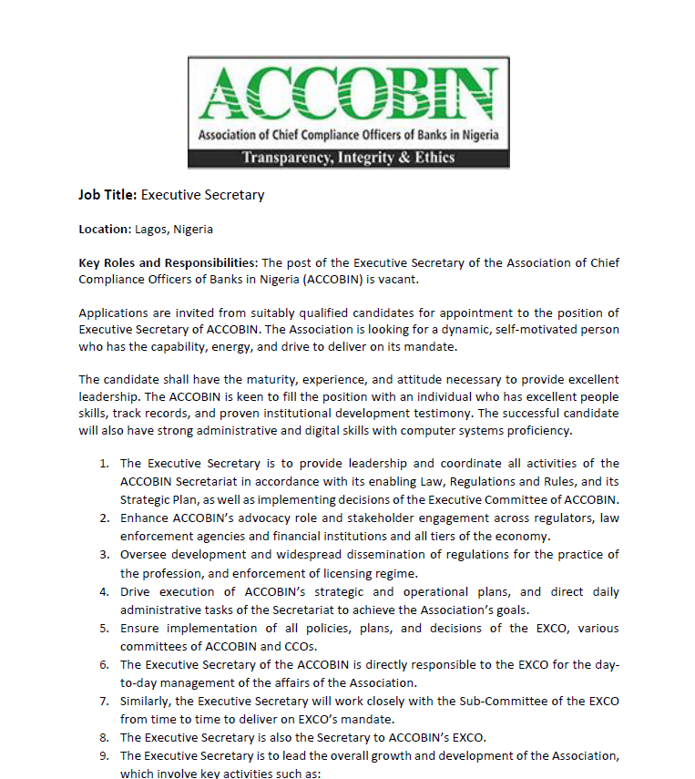ACCOBINng's tweet photo. ACCOBIN, the most dynamic compliance association on the continent, is seeking a highly organized and proactive secretary. The association awaits eligible candidate CVs to exec.sec@accobin.org.ng  before or on May 15, 2025. https://t.co/XLR2SML5Lw