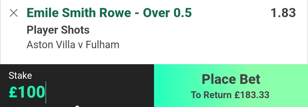SupersubTips's tweet image. Premier League
Villa vs Fulham

Smith-Rowe - over 0.5 shots

30mins left