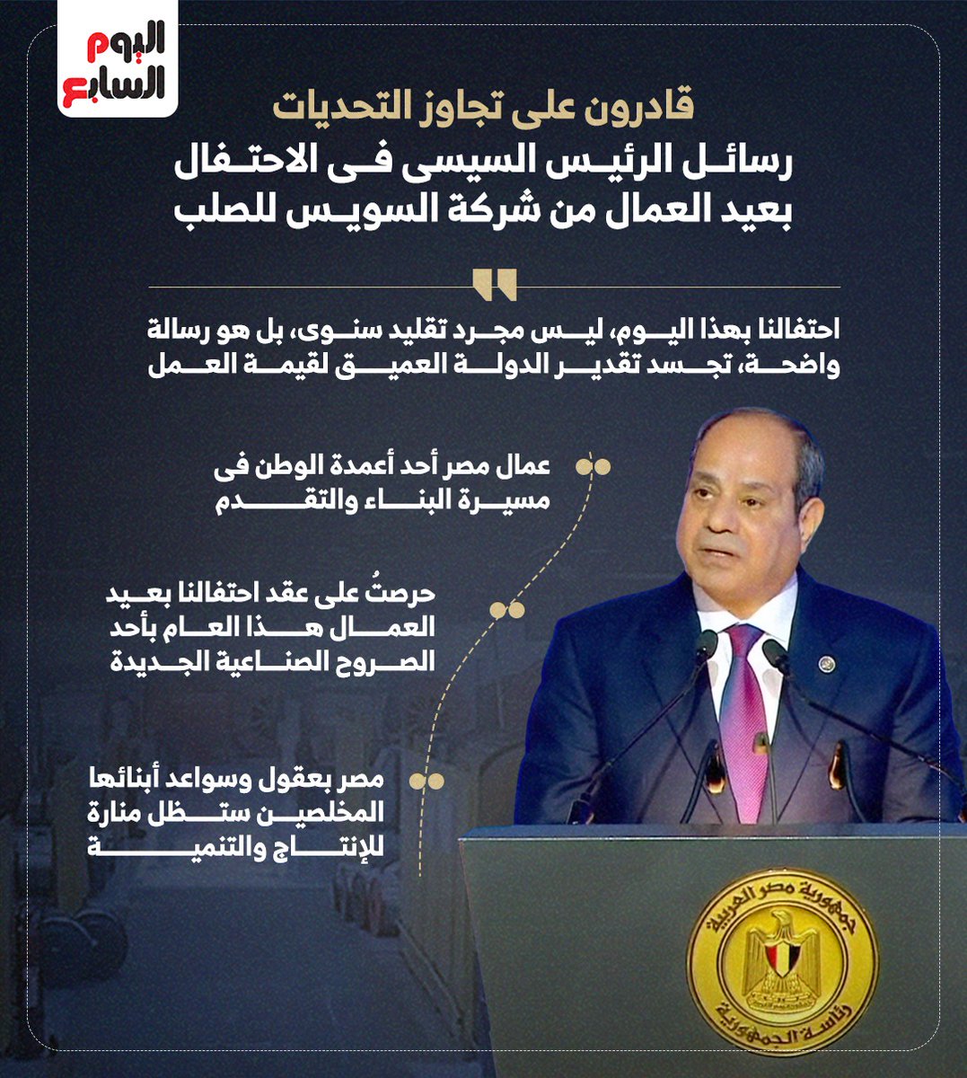 youm7's tweet photo. قادرون على تجاوز التحديات.. رسائل الرئيس السيسى فى الاحتفال بعيد العمال من شركة السويس للصلب https://t.co/nyaKnXITHO