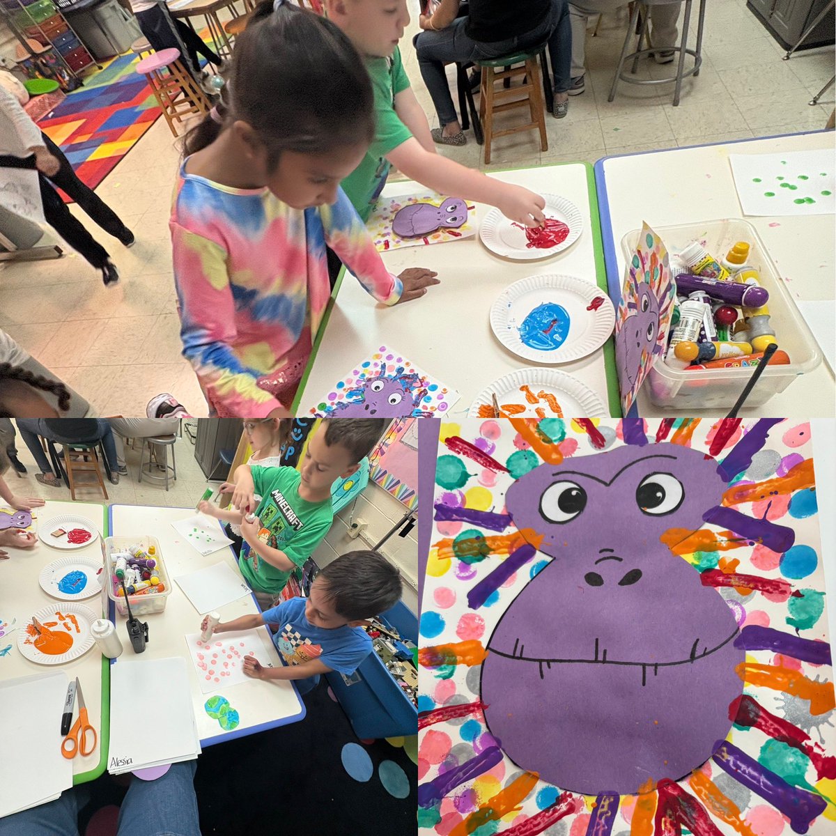 It gets busy in the art room as the year winds down, I look forward to fun days like this with kinder! Art Centers to create a crazy haired funny face orangutans.