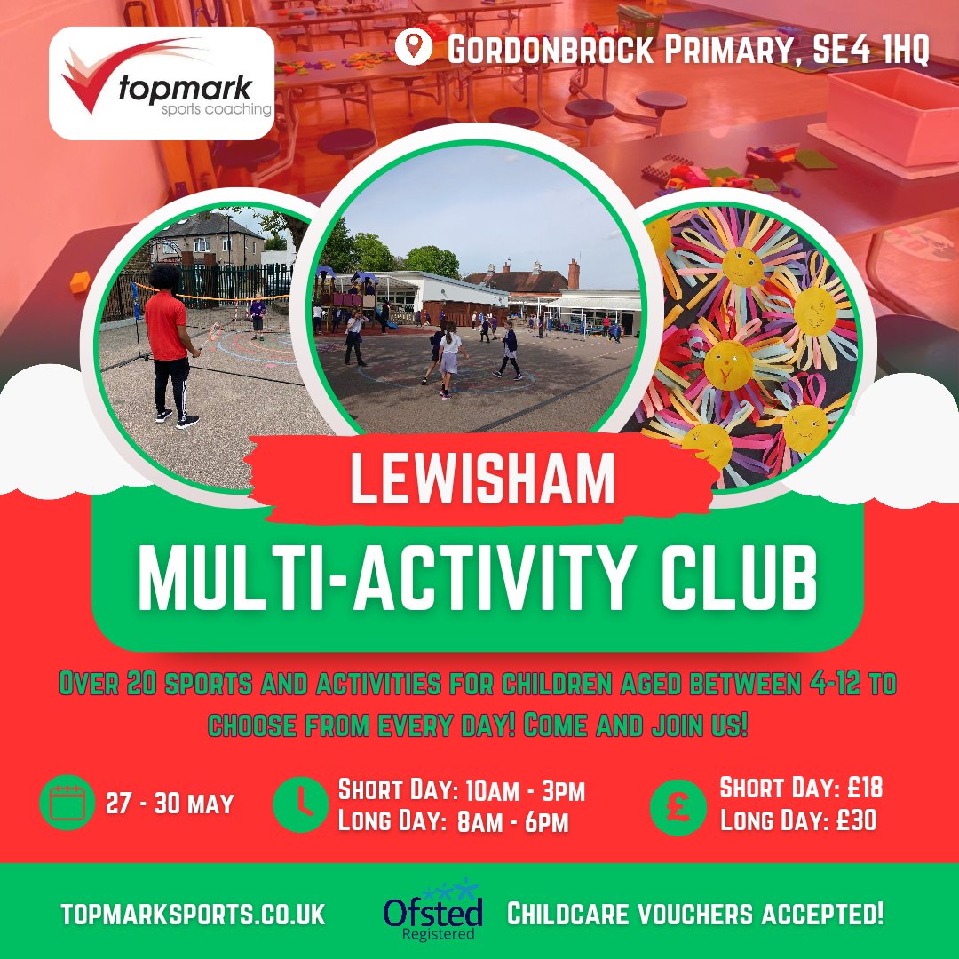 TopmarkSports's tweet image. Multi-Activity Camp! 

📍Gordonbrock Primary School, Lewisham. 
🗓 27-30 May
🎫 £18 short day. £30 long day.

Topmarksports.co.uk  

#TOPMARK