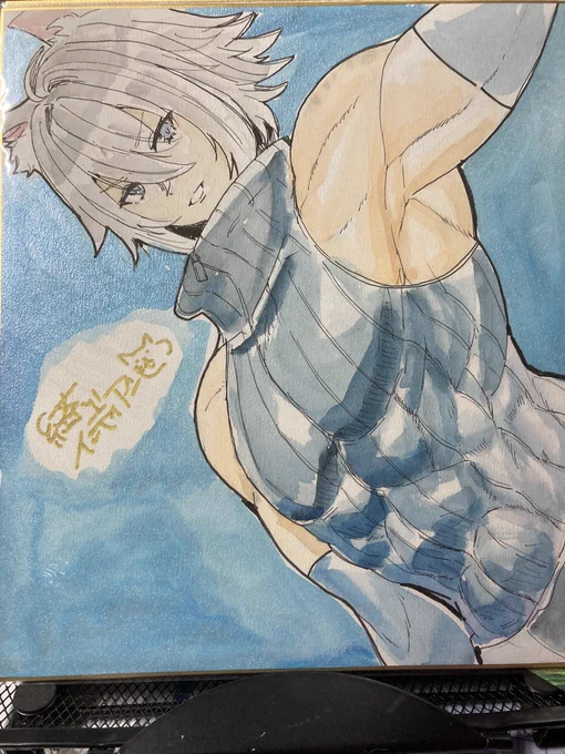というわけで明日のふたけっとに持って行く色紙です。申し訳程度にふたけっと要素で男性キャラ描きました 