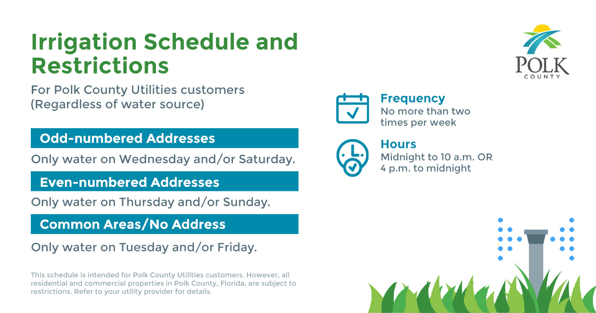 Polk County Utilities customers are limited to watering their lawns twice per week on their designated days. For more information, please visit: polk-county.net/services/utili… 

#waterconservation #PolkCountyFL #landscaping #irrigation #dryseason