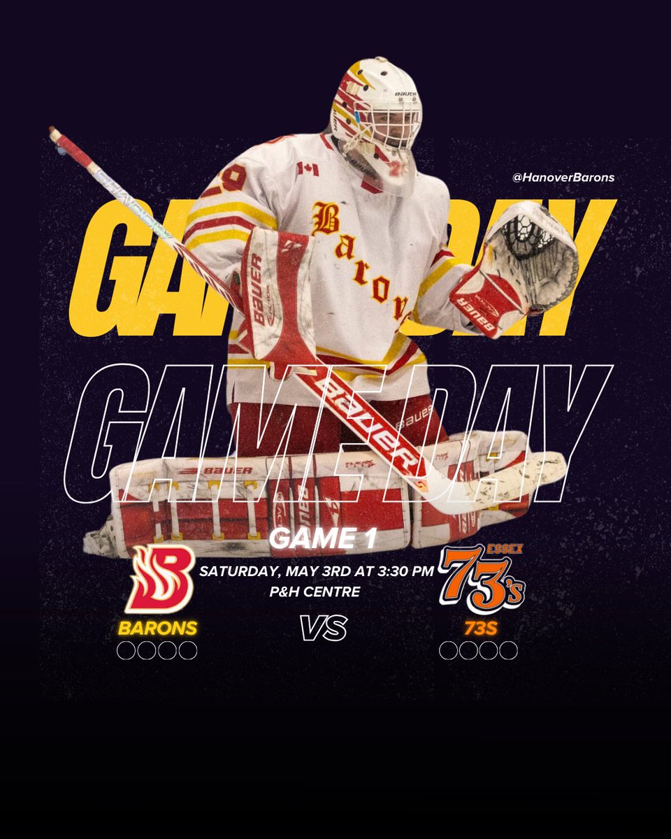 SCHMALZ CUP FINALS: PART 1 

🏟️ P&amp;H Centre 
🕞 3:30 PM
🚪 Doors Open at 2:00 PM
📸 BK Photography 
📝 Best of 7 | 0-0 | 

(Pricing)
🎟️ Adults $15
🎟️ Students $15
🎟️ Seniors $15
🎟️ 9 &amp; Under $5

Safe travels, <a href="/73sHockey/">Essex 73s</a> 

#GoBaronsGo | #LevelUp