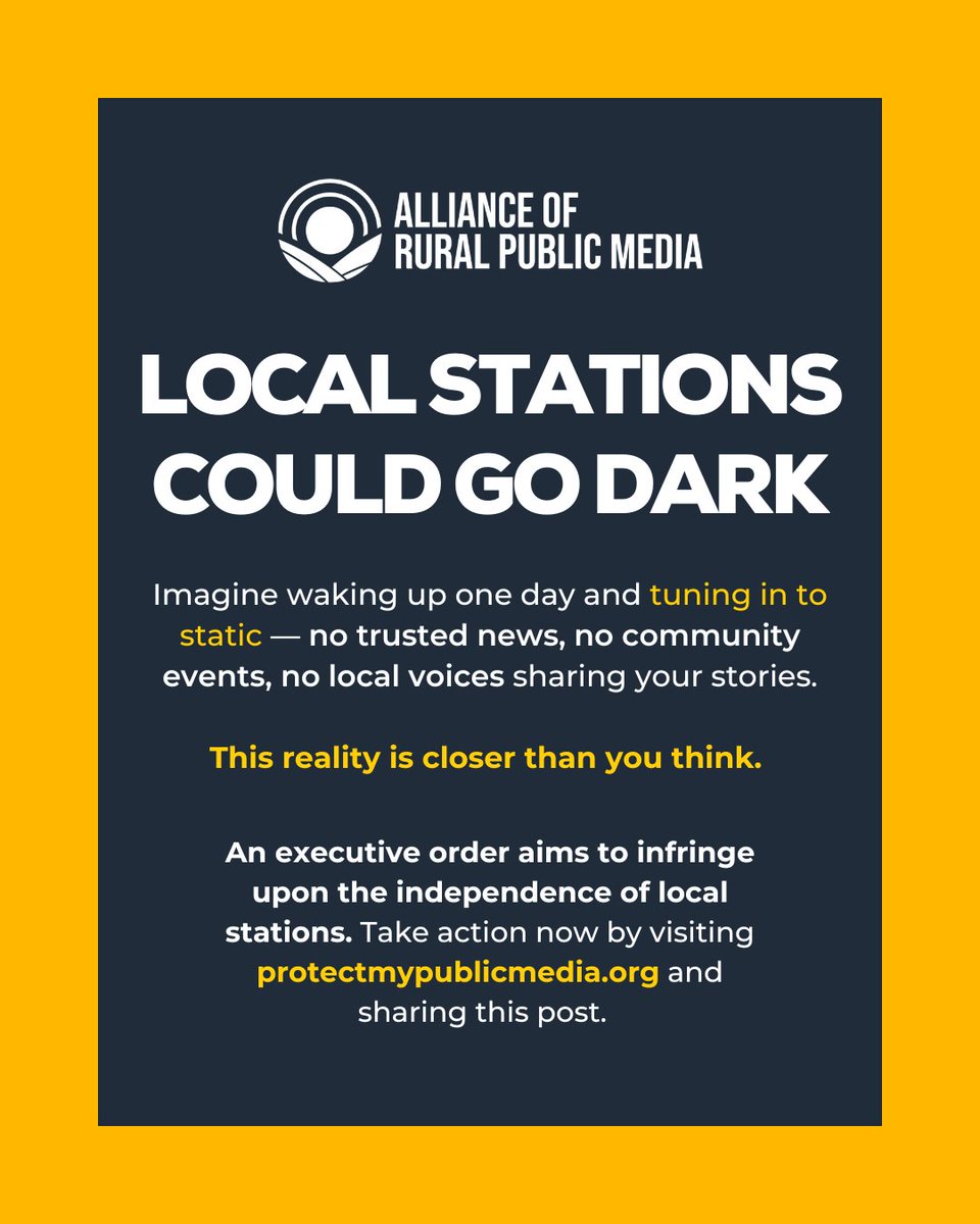An executive order aims to infringe upon the independence of local stations. In many towns, it’s the only newsroom left. Restrict the funding, and communities lose their voice, their coverage, their connection. 

Take action: l8r.it/srEh 

#ProtectPublicMedia