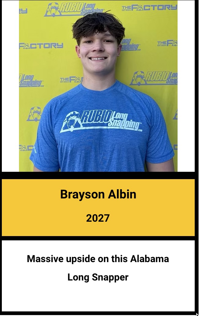 Brayson Albin 4.5⭐️ LS (@brayson_albin) on Twitter photo Thank you <a href="/TheChrisRubio/">Rubio Long Snapping®</a> for the player of the week! Time to work hard and get better! 🎯🏈💪
#OnePercent #ToeTheLine #RubioFamily #KohlsSnapping #ClassOf2027 #RecruitBJP
rubiolongsnapping.com Thank you <a href="/TheChrisRubio/">Rubio Long Snapping®</a> for the player of the week! Time to work hard and get better! 🎯🏈💪
#OnePercent #ToeTheLine #RubioFamily #KohlsSnapping #ClassOf2027 #RecruitBJP
rubiolongsnapping.com