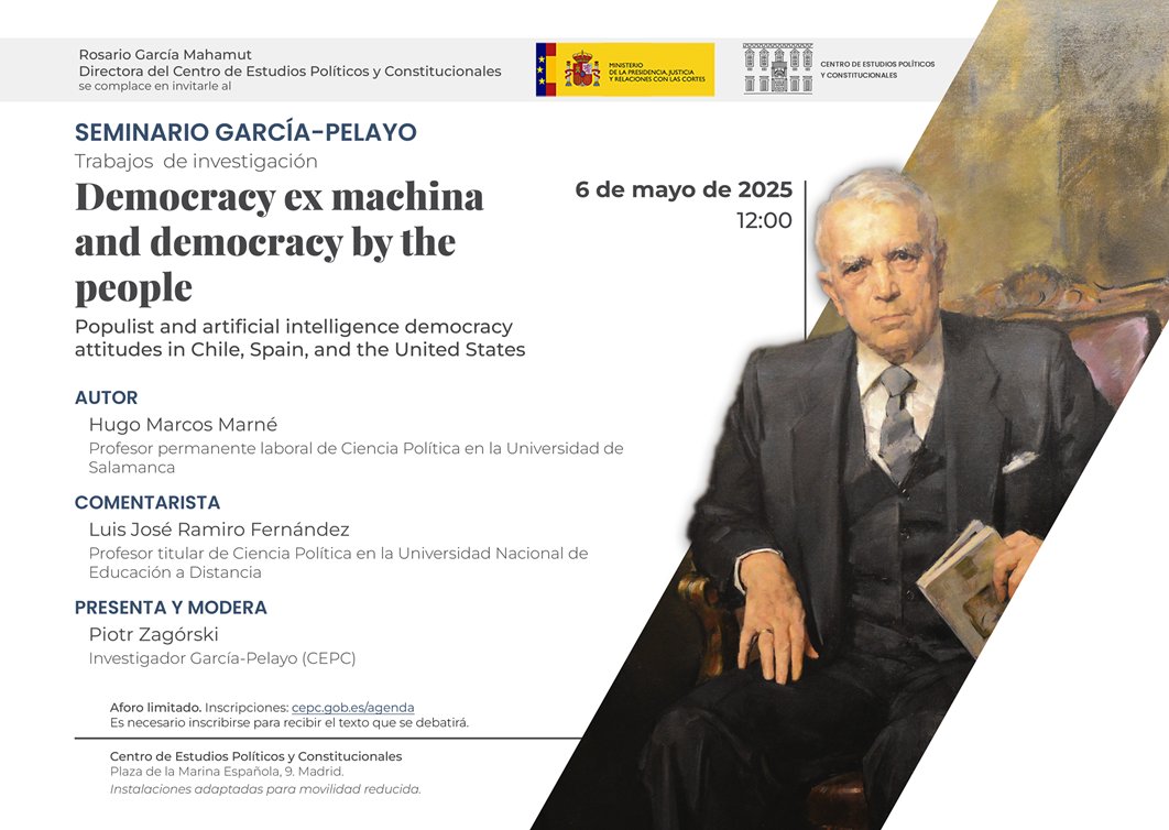 cpa_usal's tweet photo. 📢El profesor Hugo Marcos-Marné participará en el Seminario García-Pelayo con su trabajo titulado: "Democracy ex machina and democracy by the people". 

🗓️ 6 de mayo de 2025
⏰12:00 a.m.
📍Centro de Estudios Políticos y Constitucionales (Madrid) https://t.co/j9gC0dJIxW