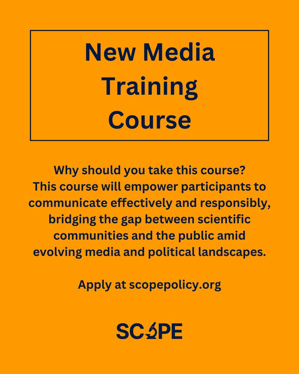 Scope_Policy's tweet image. Apply by May 10th. Why should you take this course?
This course will empower participants to communicate effectively and responsibly, bridging the gap between scientific communities and the public amid evolving media and political landscapes.
Apply at scopepolicy.org/new-media-cour…