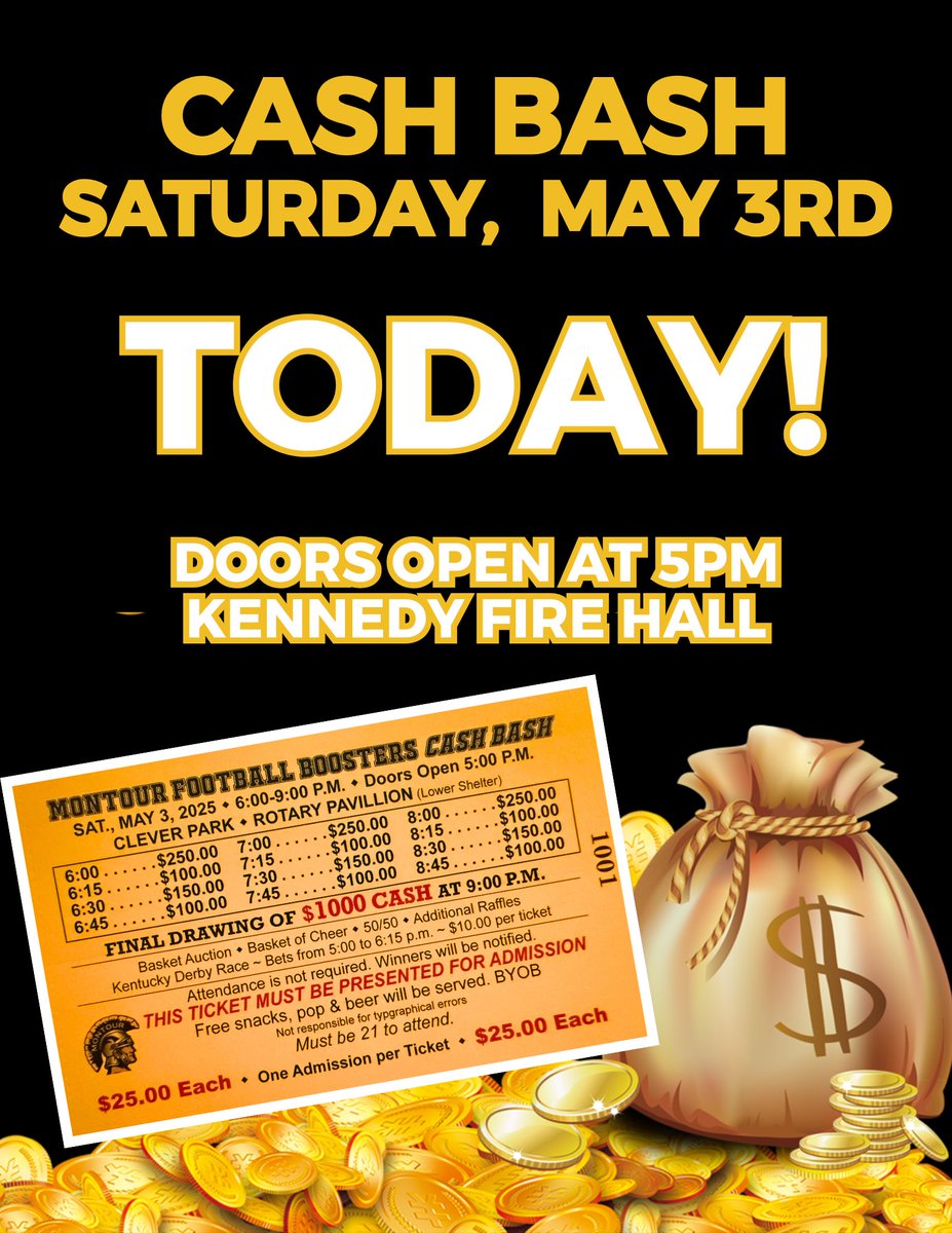 💰The CASH BASH is TODAY! 💵

➡️ Doors open at 5PM @ Kennedy Fire Hall

🏇Kentucky Derby bets will run until 6:45, Derby will be around 7PM! 

🎉Always a night full of FUN and $! 🎉

See you there!

🖤🏈💛