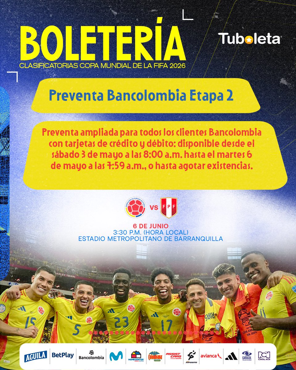 ¡𝗛𝗼𝘆 𝗶𝗻𝗶𝗰𝗶𝗮 𝗹𝗮 𝘀𝗲𝗴𝘂𝗻𝗱𝗮 𝗲𝘁𝗮𝗽𝗮 𝗱𝗲 𝗽𝗿𝗲𝘃𝗲𝗻𝘁𝗮 𝗽𝗮𝗿𝗮 𝗰𝗹𝗶𝗲𝗻𝘁𝗲𝘀 𝗕𝗮𝗻𝗰𝗼𝗹𝗼𝗺𝗯𝗶𝗮! 🎟️✌️

Te esperemos en el Metropolitano para una nueva fecha de las 𝐂𝐥𝐚𝐬𝐢𝐟𝐢𝐜𝐚𝐭𝐨𝐫𝐢𝐚𝐬 a la Copa Mundial de la FIFA 2026

Boletería disponible en