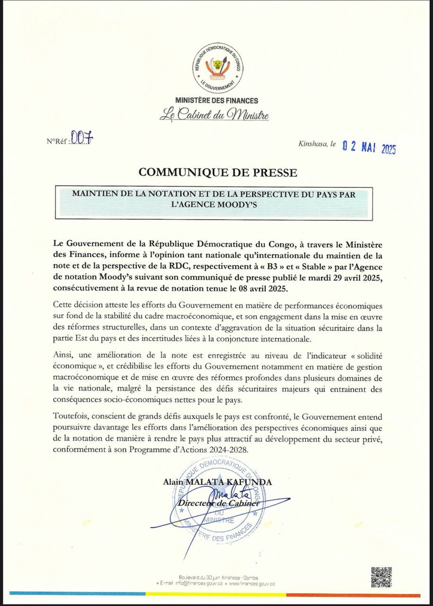 PatrickLokala_'s tweet photo. ommuniquéDePresse #Num007 

#RDC ! Le Gouvernement, à travers le Ministère des Finances, annonce le maintien de la note « B3 » avec perspective stable pour la RDC, selon l’agence Moody’s. 

Cette évaluation, issue de la revue du 8 avril 2025, traduit les efforts soutenus du pays en matière de stabilité macroéconomique et de réformes structurelles, malgré un contexte sécuritaire dégradé à l’Est. 

L’amélioration de l’indicateur de « solidité économique » renforce la crédibilité des actions gouvernementales. 

Le Gouvernement réaffirme sa détermination à poursuivre ces efforts afin d’améliorer la notation et stimuler le développement du secteur privé, conformément au Programme d’Actions 2024-2028.