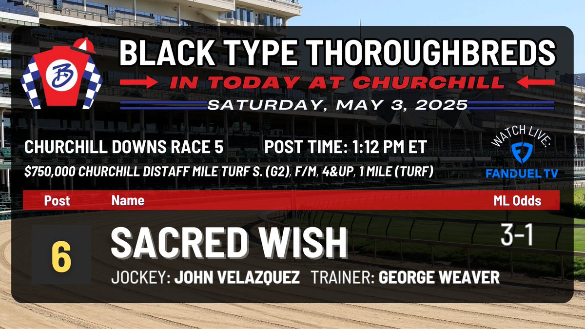 Our other #ChurchillDowns entry on #kentuckyderby day is SACRED WISH in the $750K Churchill Distaff Mile Turf S. (G2)! <a href="/ljlmvel/">John Velazquez</a> rides for George Weaver. Post time at 1:12pm ET live on <a href="/FanDuel_Racing/">FanDuel Racing</a> TV! LET'S GOOOO!!! #blacktype #sacredwish