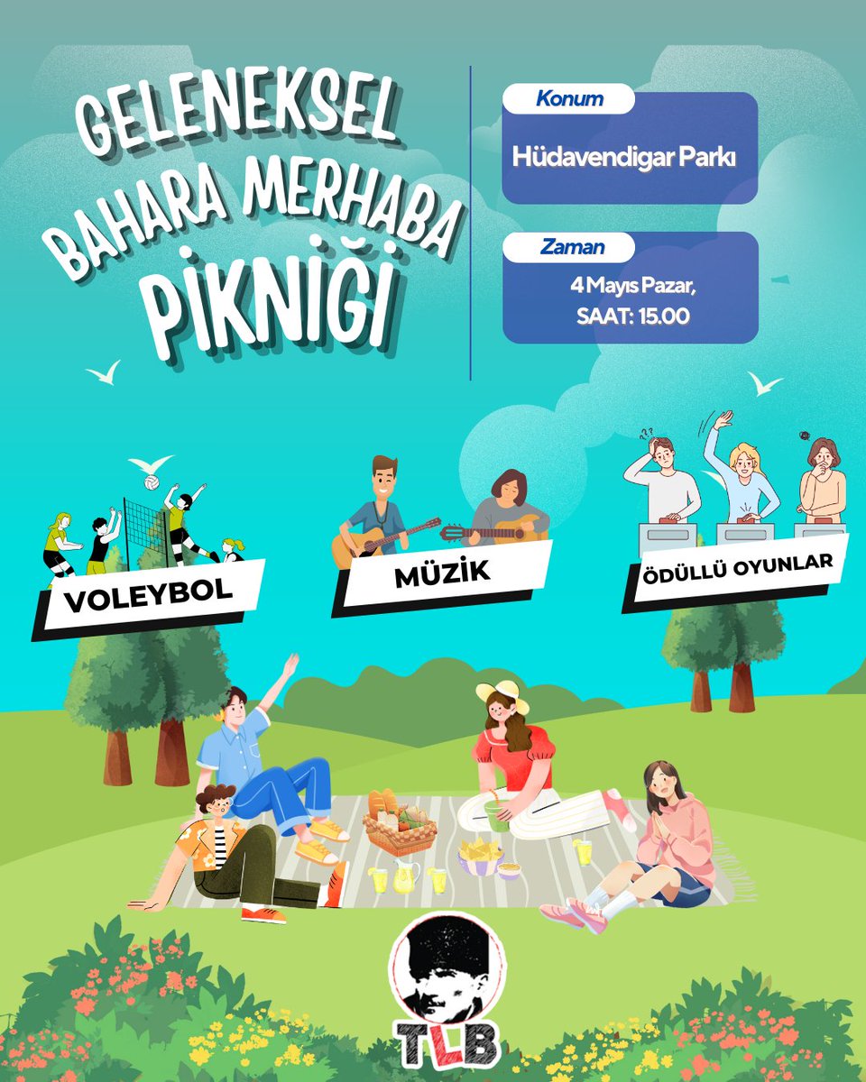 TLB GELENEKSEL BAHARA MERHABA PİKNİĞİNDE BULUŞUYORUZ ☀

📆 4 Mayıs 2025 pazar günü saat 15.00'da Hüdavendigar parkında buluşuyoruz.🥳

Bilgi yarışmaları ⁉
Voleybol maçları 🏐
Halat çekme yarışmaları 🥇
Müzik 🎶

Katılmak için: chat.whatsapp.com/CPHwrI6Nl74D2k…