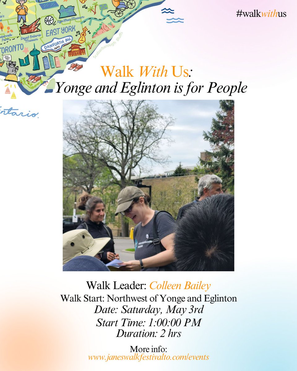 MoreNeighbours's tweet image. Join us today for Yonge and Eglinton is for people at 1 pm on the Northwest corner of Yonge and Eglinton. janeswalkfestivalto.com/saturday-may-3…

Poster design by the amazing team at @JanesWalkTO – Mehedi Khan, Igor Samardzic, Linda Salem &amp;amp; Madelyn Aguilar #WalkWithUs