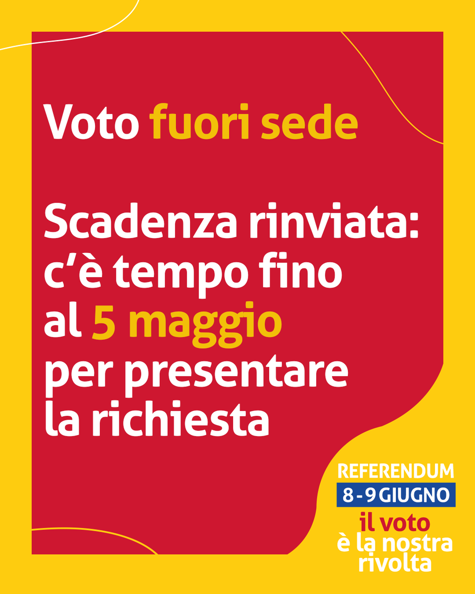 cgilnazionale's tweet photo. C’È TEMPO FINO AL 5 MAGGIO!

Per richiedere il voto fuori sede ci sono 24 ore di tempo in più: la nuova scadenza è il 5 maggio!

#insiemeperilreferendum #Lavoro #Diritti #Cittadinanza #CGIL #Referendum2025 https://t.co/if0JT42sDC