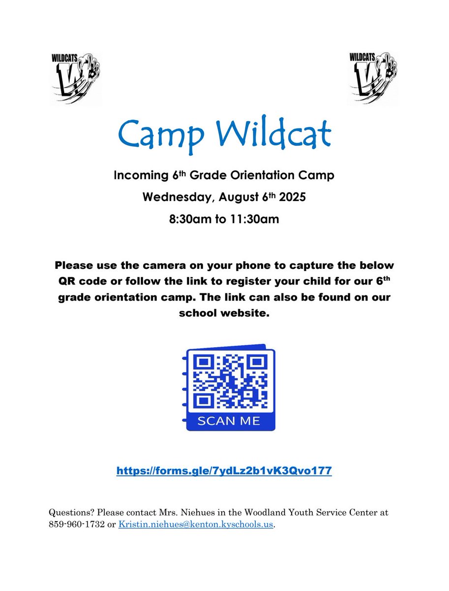 ATTN INCOMING 6TH GRADERS:  Camp Wildcat 2025 info is here!  See the flyer for all details and link to register.  The event is FREE! forms.gle/7ydLz2b1vK3Qvo…