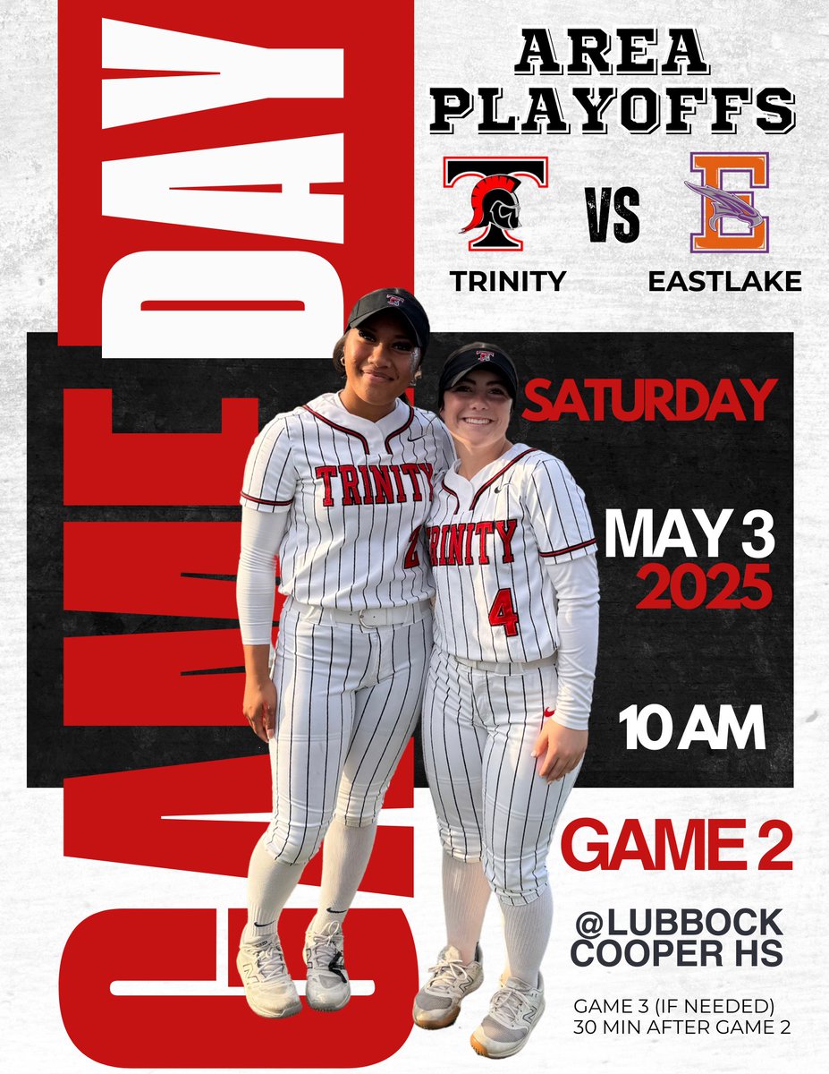 Trinity Trojans Softball (TX) (@trinity_trojans) on Twitter photo 🥎Playoff Game Day!🥎
Back at it again today for Game 2 at 10 am!  Looking to take care of business and finish the series again EP Eastlake! #FTF #OneAnother #TsUp
<a href="/EulessTrinityHS/">Euless Trinity High</a> <a href="/hebisd/">HEB ISD</a> <a href="/HEBAthletics/">HEB Athletics</a> 🥎Playoff Game Day!🥎
Back at it again today for Game 2 at 10 am!  Looking to take care of business and finish the series again EP Eastlake! #FTF #OneAnother #TsUp
<a href="/EulessTrinityHS/">Euless Trinity High</a> <a href="/hebisd/">HEB ISD</a> <a href="/HEBAthletics/">HEB Athletics</a>