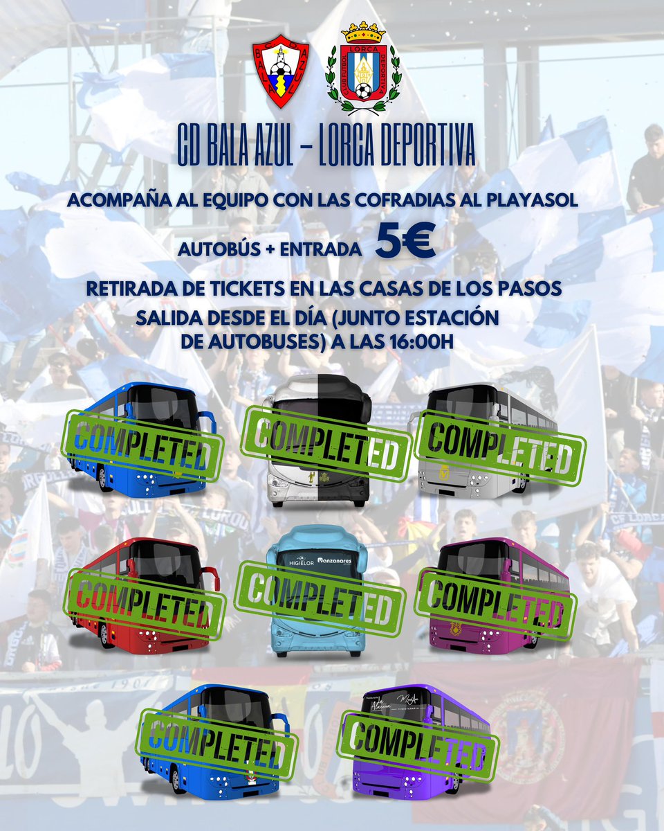 ❌ ¡𝙊𝘾𝙏𝘼𝙑𝙊 𝙔 𝙐𝙇𝙏𝙄𝙈𝙊 𝘼𝙐𝙏𝙊𝘽𝙐𝙎 𝙇𝙇𝙀𝙉𝙊!
⌚️ La 𝙃𝙊𝙍𝘼 𝘿𝙀 𝙎𝘼𝙇𝙄𝘿𝘼 será a las 𝟭𝟲:𝟬𝟬𝗛 en el 𝙎𝙐𝙋𝙀𝙍𝙈𝙀𝙍𝘾𝘼𝘿𝙊 𝘿𝙄𝘼 junto a la 𝙀𝙎𝙏𝘼𝘾𝙄𝙊𝙉 𝘿𝙀 𝘼𝙐𝙏𝙊𝘽𝙐𝙎𝙀𝙎.
🙏🏻 Se ruega estar a las 𝟭𝟱:𝟰𝟱 𝗛 para subir a los autobuses.