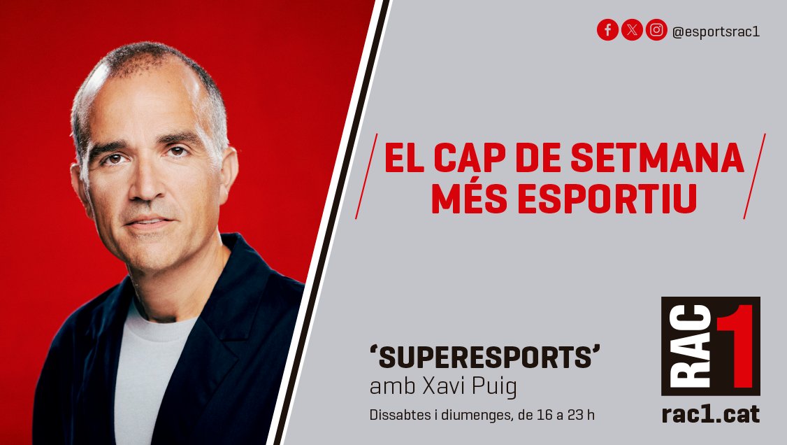 #Superesports | 16h - 20h 🎙️ <a href="/xpuig75/">Xavi Puig</a> 

🥁 ULTRAESPORTS
🤽‍♀️ CN SABADELL - CN SANT ANDREU
🏁 ESPRINT F1
⚽️ ESPANYOL - REIAL SOCIETAT F
🏀 JOVENTUT - BILBAO
⚽️ <a href="/FCBRAC1/">El Barça juga a RAC1</a>
