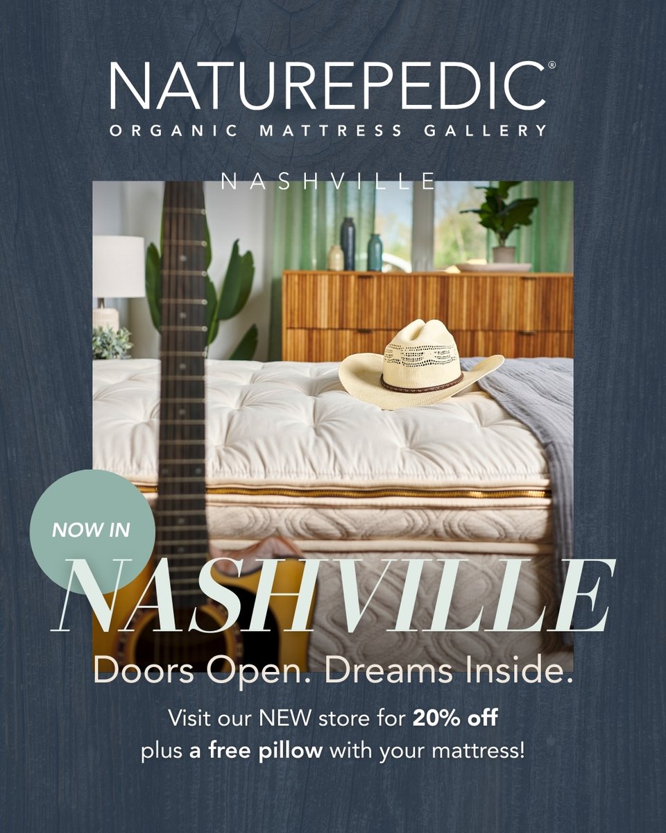 What do country music, hot chicken and organic sleep have in common? 🎶🍗😴

They all have a home in Nashville! Naturepedic is now open in Music City, so boot, scoot ‘n’ boogie on over to your neighborhood’s new destination for better, organic sleep. 

Doors open tomorrow!