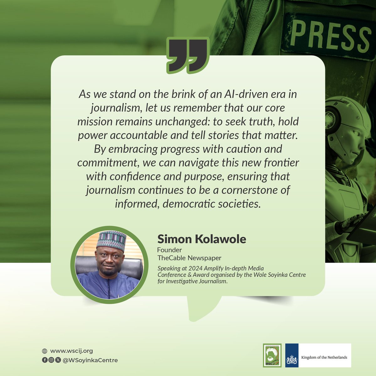 WSoyinkaCentre's tweet image. @thecableng&apos;s @simonkolawole words at our 2024 #AIMConference  is a timely reminder on this #WorldPressFreedomDay to seek truth &amp;amp; hold power accountable. This resonates as we explore journalism in an AI-driven world. Join webinar on Monday, 5 May, at 11am: bit.ly/WPFDay2025