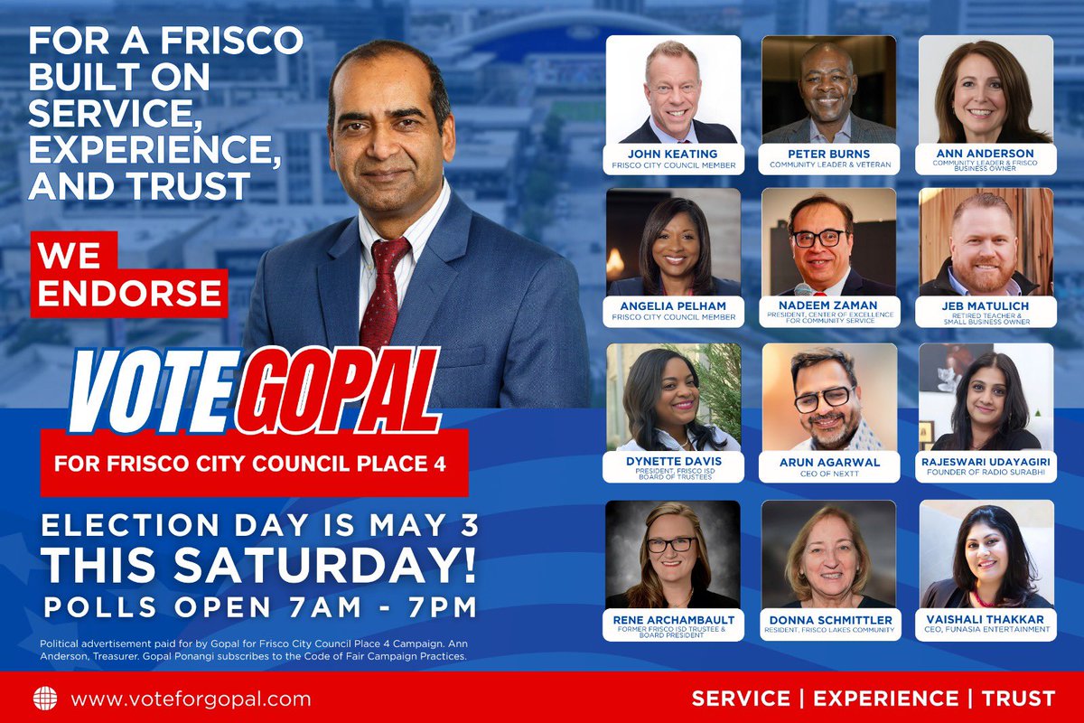 VoteForGopal's tweet photo. Election Day is TODAY. Polls open until 7 pm today. Please vote today if you have not already voted. Have two more families vote today.
Locations:
https://t.co/xVjHv2RfZB
#gopalforfrisco
#FriscoForGopal #gopal4place4
 #friscostrongwithgopal #TogetherWithGopal https://t.co/T0Jgk3EYpG