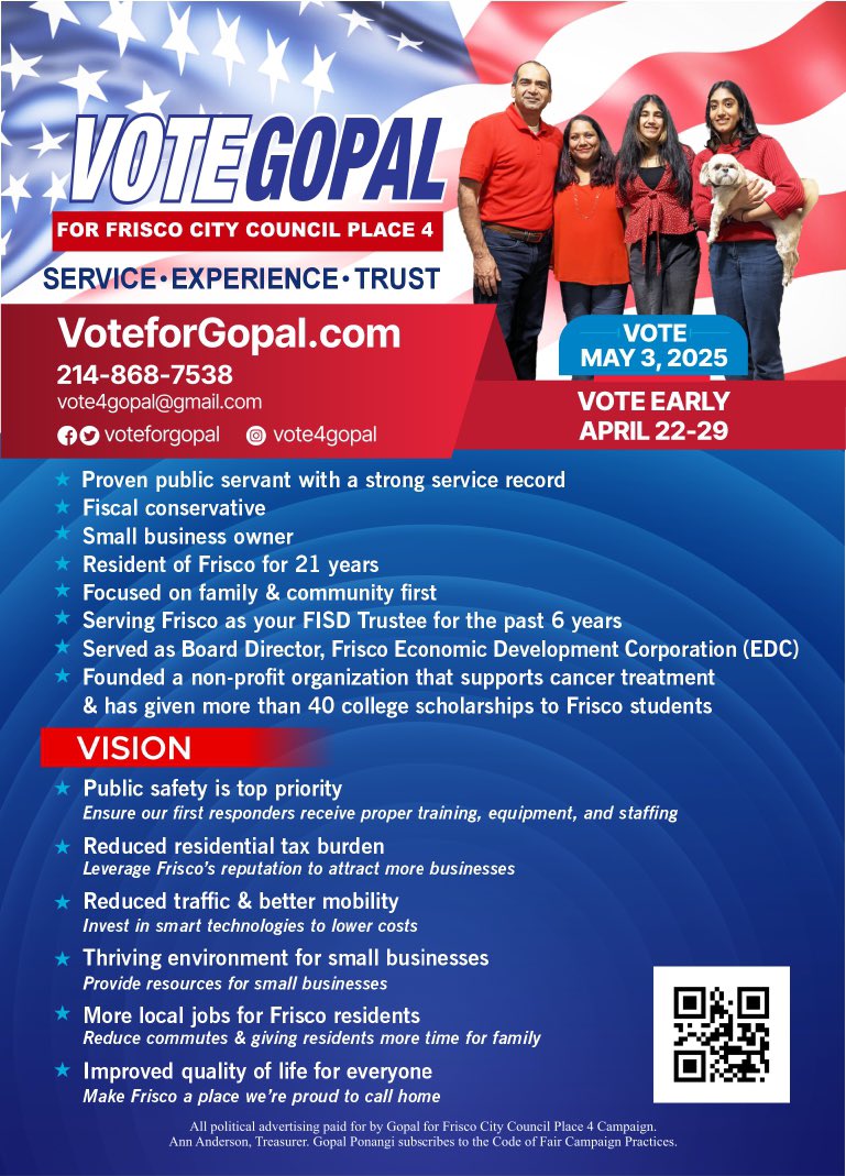 VoteForGopal's tweet photo. Election Day is TODAY. Polls open until 7 pm today. Please vote today if you have not already voted. Have two more families vote today.
Locations:
https://t.co/xVjHv2RfZB
#gopalforfrisco
#FriscoForGopal #gopal4place4
 #friscostrongwithgopal #TogetherWithGopal https://t.co/T0Jgk3EYpG