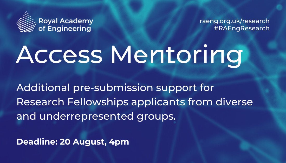 Our Access Mentoring offers pre-submission support to applicants from underrepresented groups in UK engineering. 

The scheme is now open for applicants to our Research Fellowships, supporting early-career researchers to become leaders in their field. 

Apply at
