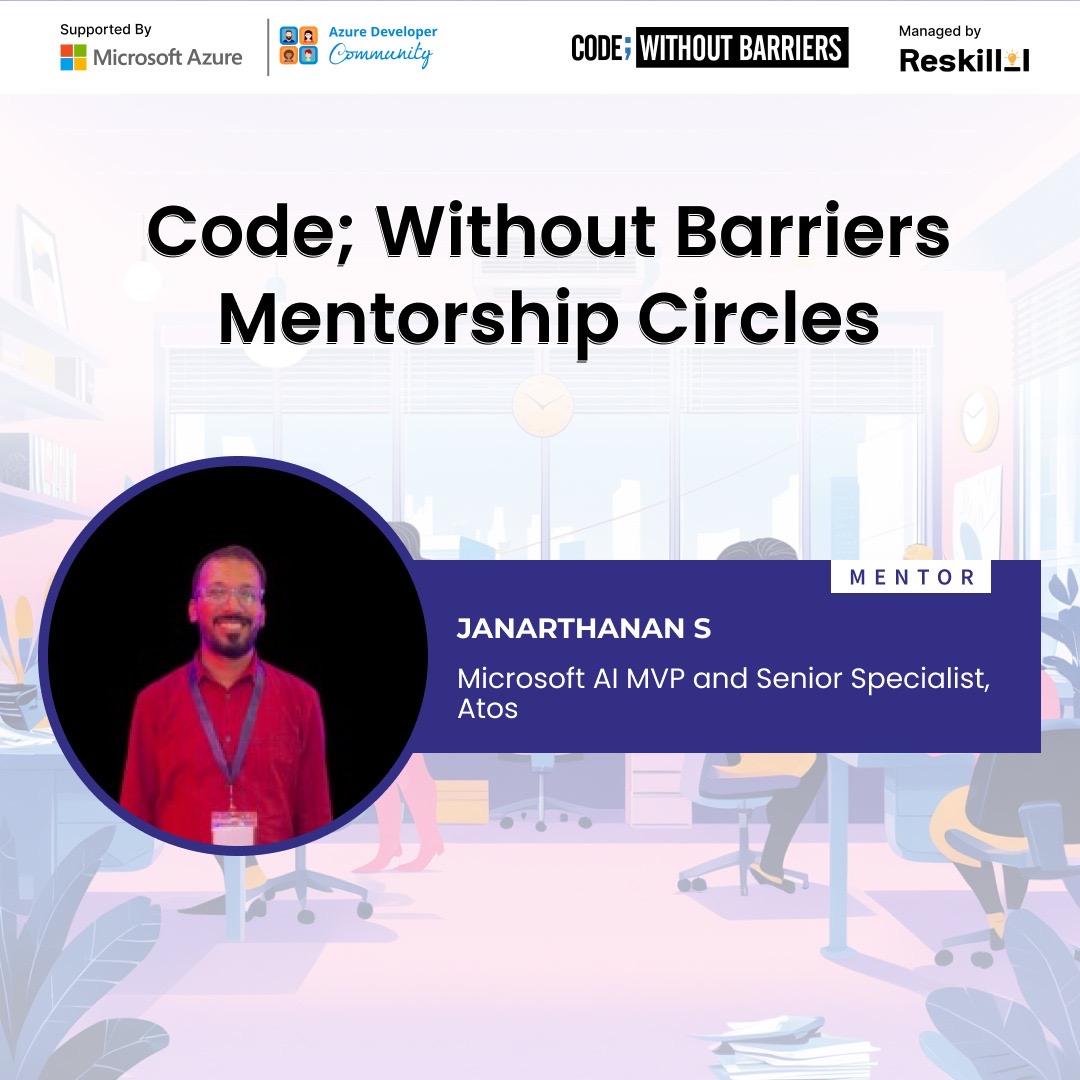jana_selvaraj's tweet image. Happy to  be part of 𝐂𝐨𝐝𝐞; 𝐖𝐢𝐭𝐡𝐨𝐮𝐭 𝐁𝐚𝐫𝐫𝐢𝐞𝐫𝐬 𝐌𝐞𝐧𝐭𝐨𝐫 program. Thanks @azdevindia @Reskilll @Microsoft #codewithoutbarriers