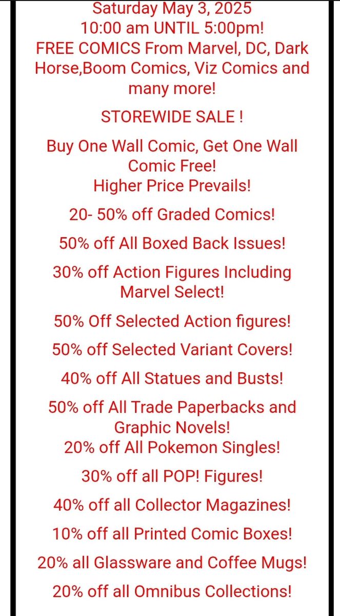 We are less than an hour away from our BIG #FCBD at Richies Comic Cabana 
Come on down and check out our great deals