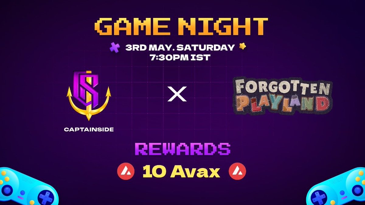 Captain Side (@captainside1) on Twitter photo Join us for another wild night in <a href="/ForgotPlayland/">Forgotten Playland</a>
packed with epic battles, chaotic fun, and a 10 $AVAX prize pool! ๐ธ
Date: Saturday, 03th May
Time: 7:30PM IST / 02:00PM UTC
Game: Forgotten Playland
Get ready to team up, outplay, and WIN BIG!
Let's make this night Join us for another wild night in <a href="/ForgotPlayland/">Forgotten Playland</a>
packed with epic battles, chaotic fun, and a 10 $AVAX prize pool! ๐ธ
Date: Saturday, 03th May
Time: 7:30PM IST / 02:00PM UTC
Game: Forgotten Playland
Get ready to team up, outplay, and WIN BIG!
Let's make this night