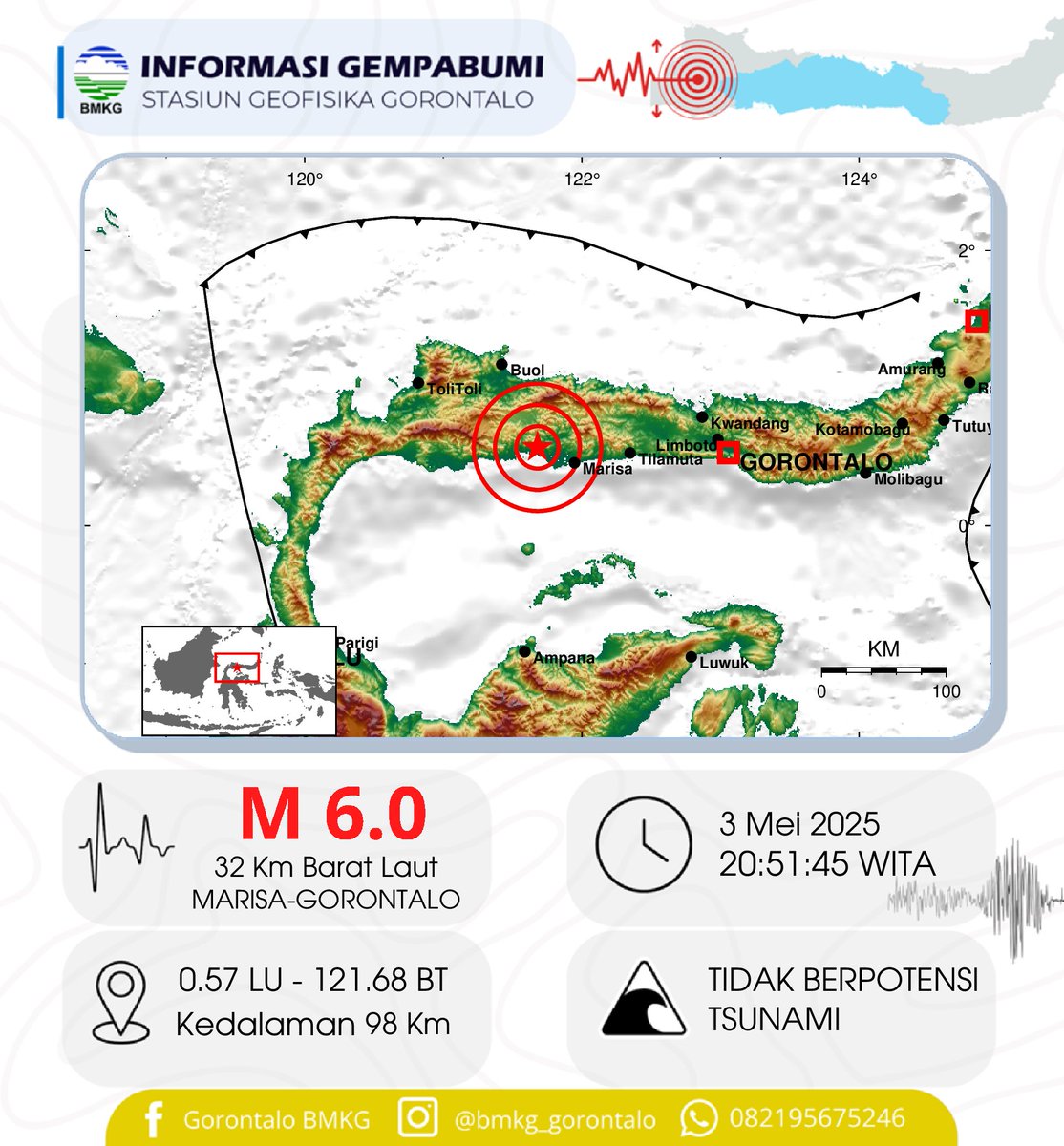 bmkg_gto's tweet photo. Info Gempa Mag:6.0, 03-May-25 20:51:45 WITA, Lok: 0.57 LU, 121.68 BT (32 km BaratLaut MARISA-GORONTALO), Kedlmn:98 Km ::BMKG https://t.co/Cp47tcdLg6