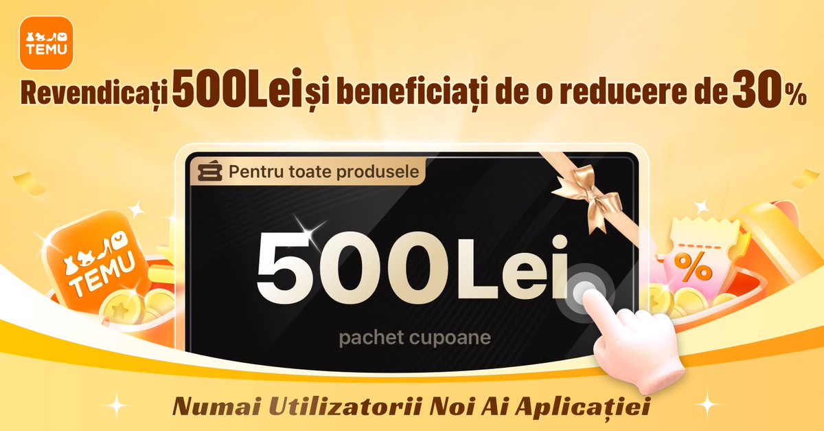 ⭐️Clic pe link temu.to/k/elvt51tiwdb pentru a primi setul de cupoane 💰500Lei! Primește direct 💰500Lei în aplicația Temu aici: app.temu.com/m/n406lvykoty
Inca o surpriza pentru tine! Faceți clic pe temu.to/k/ell9gpi5hxq pentru a câștiga împreună cu mine🤝!