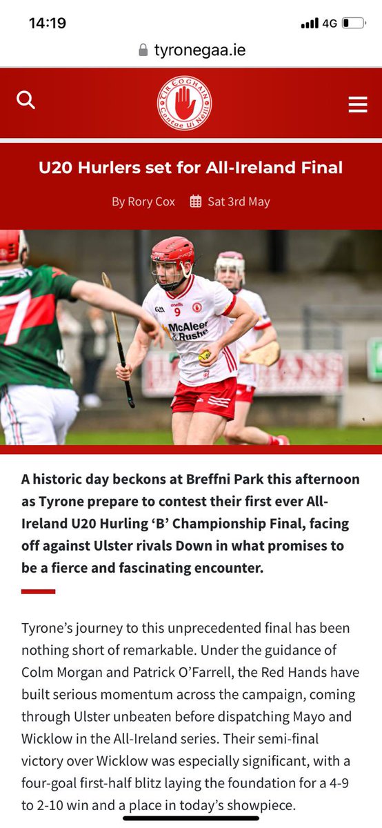 Best of luck to our Assistant Principal, Mr Morgan, as he leads the Tyrone U20 hurlers into the All-Ireland Final against Down today in Breffni at 3.15pm!

Wishing the entire Tyrone squad the very best. 

Tune in to support Mr Morgan on TG4 YouTube channel 📺