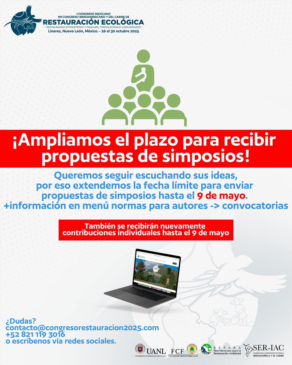 Noticias del congreso mexicano e iberoamericano de #RestauraciónEcológica se amplió el plazo de recepción de propuestas, y de nuevo se reciben contribuciones individuales también!! Hasta el 9 de mayo 😉
Mas info ➡️ congresorestauracion2025.com
