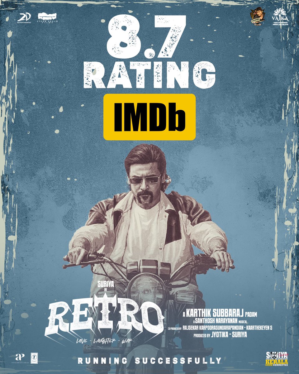 venkat vicky (@venkatvnt) on Twitter photo IMDB ratings for #RETRO 🔥#RetroBlockbuster
Witness #Retro on the big screens 🎬
🔗 linktr.ee/RetroTheMovie
<a href="/Suriya_offl/">Suriya Sivakumar</a> <a href="/VaikaMerryland/">vaikaenterprises merryland</a>
<a href="/sarathlal428/">Sarath lal Surya karthi 💞</a> <a href="/rajsekarpandian/">Rajsekar Pandian</a> <a href="/2D_ENTPVTLTD/">2D Entertainment</a> IMDB ratings for #RETRO 🔥#RetroBlockbuster
Witness #Retro on the big screens 🎬
🔗 linktr.ee/RetroTheMovie
<a href="/Suriya_offl/">Suriya Sivakumar</a> <a href="/VaikaMerryland/">vaikaenterprises merryland</a>
<a href="/sarathlal428/">Sarath lal Surya karthi 💞</a> <a href="/rajsekarpandian/">Rajsekar Pandian</a> <a href="/2D_ENTPVTLTD/">2D Entertainment</a>
