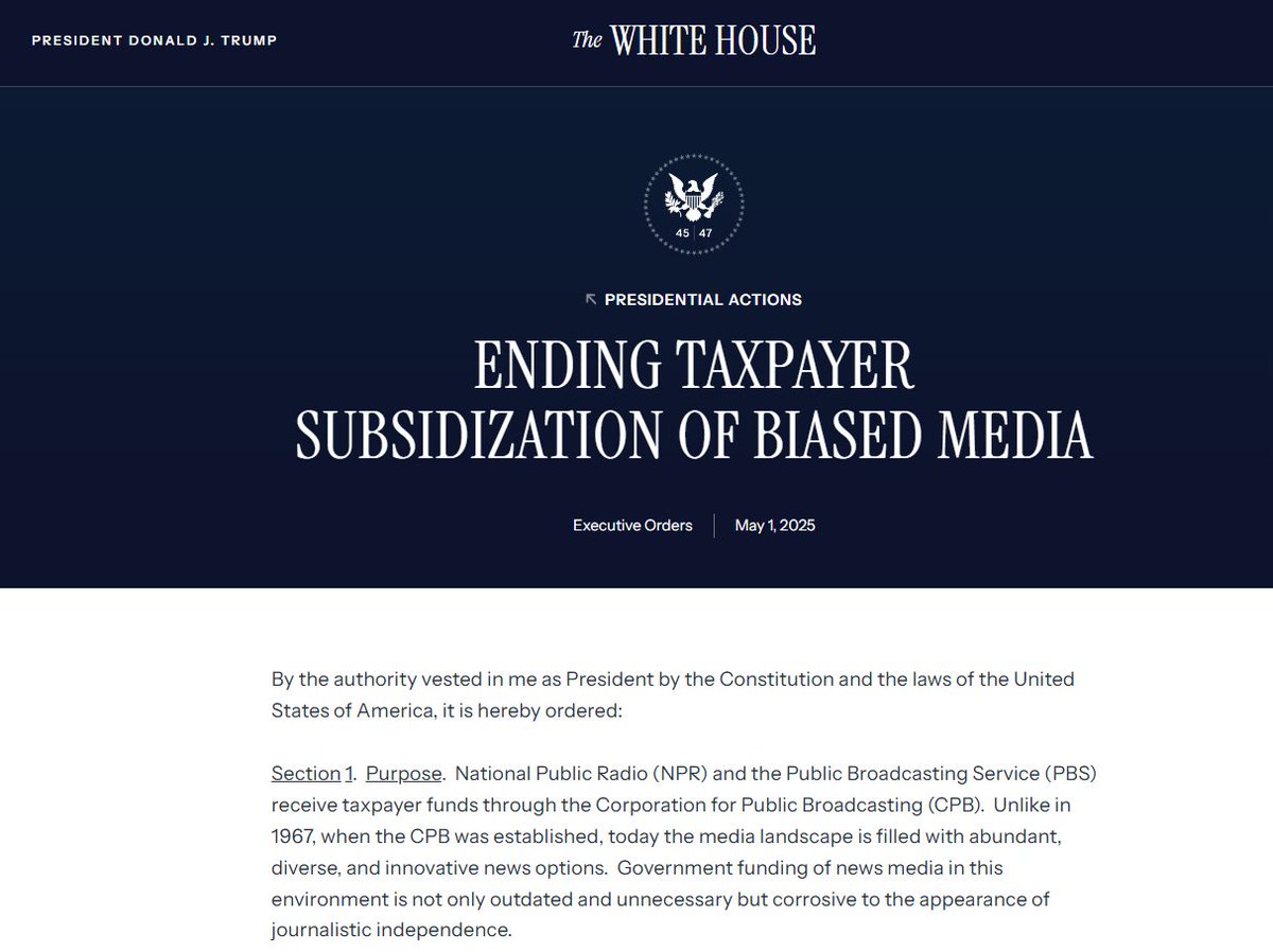 Trump corta financiamento público de emissoras alinhadas à extrema-esquerda

Trump assinou uma ordem executiva para acabar com o financiamento público da NPR e da PBS, duas empresas de mídia parcialmente mantidas com recursos federais.

Nos últimos anos, essas empresas têm