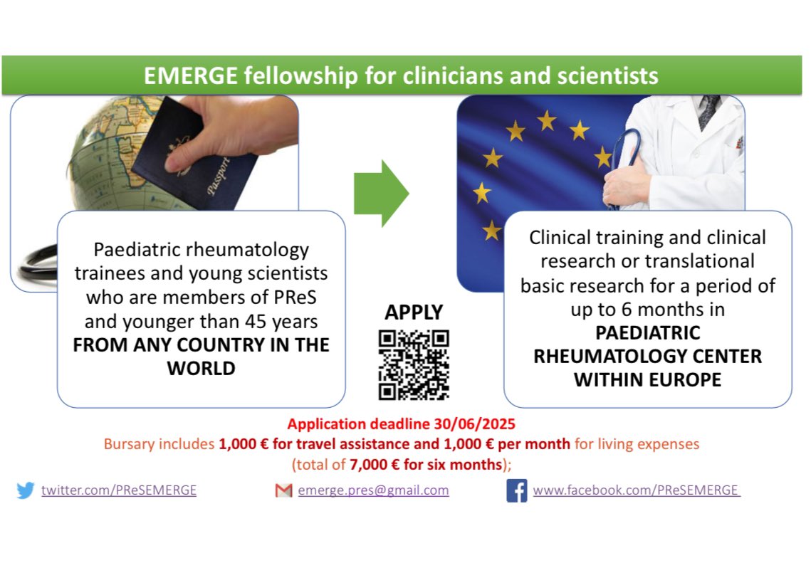 🚨🚨Applications are open for the 2025 EMERGE fellowship 🚨🚨Win a €7000 bursary for clinicians and scientists to undergo a 6 month fellowship in any European Paediatric Rheumatology Centre. See link for details: pres.eu/emerge/fellows…  Deadline 30th June 2025